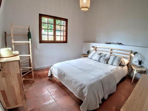a bedroom with a bed and a window and a ladder at Beach Tree House in Porto Santo