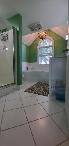 ein Bad mit grünen Wänden, einer Dusche und einem Fenster in der Unterkunft Mansion Farm Inn in Milton