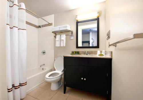 a bathroom with a toilet and a sink and a mirror at Kellogg Conference Hotel at Gallaudet University in Washington, D.C.