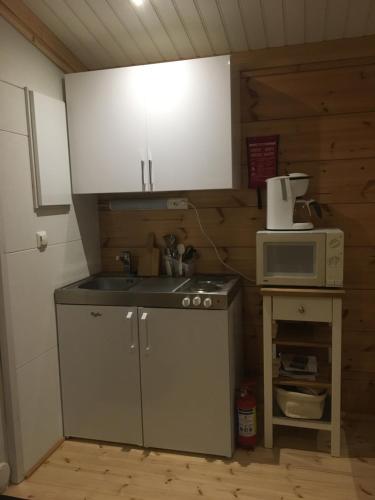 a small kitchen with a sink and a microwave at Villa Kaltio in Äkäslompolo