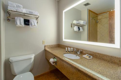 La salle de bains est pourvue de toilettes et d'un lavabo avec miroir. dans l'établissement Red Lion Templin's Hotel on the River, à Post Falls