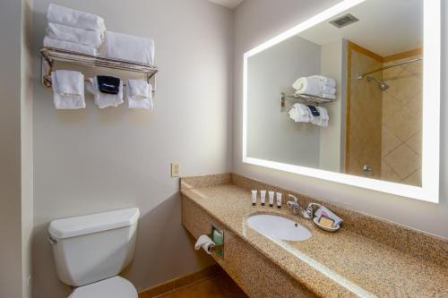 a bathroom with a toilet and a sink and a mirror at Red Lion Templin's Hotel on the River in Post Falls