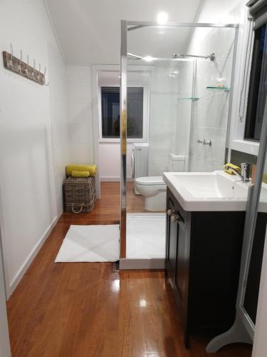 un bagno con wc, lavandino e doccia di Charolais Cottage a Picton