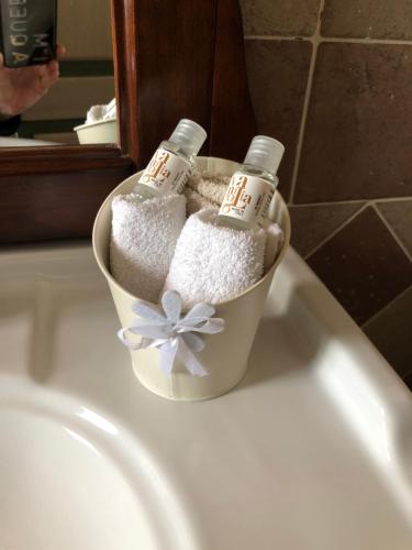 a bucket of toiletries sitting on top of a sink at Casa in campagna a due passi dal mare in Pisa