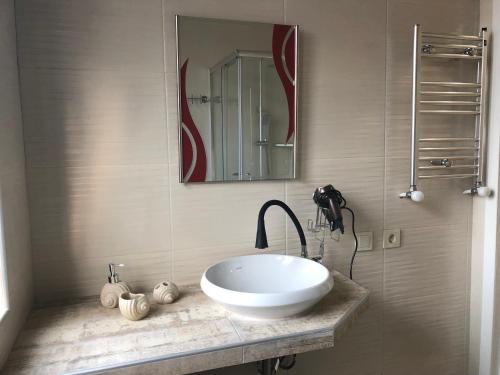 ein Badezimmer mit einem weißen Waschbecken und einem Spiegel in der Unterkunft Villa NiNo in Kobuleti