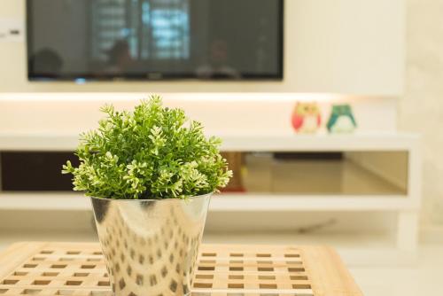 a plant in a vase sitting on a table at Landed Cozy House Near SPICE, Airport in Kampong Manggis