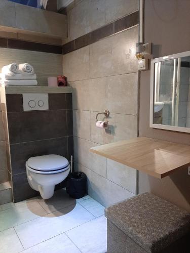 Elle comprend une petite salle de bains pourvue de toilettes et d'un comptoir. dans l'établissement Hôtel Bellevue Cannes, à Cannes