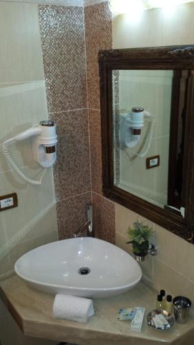 a bathroom with a white sink and a mirror at Hotel Boutique Vila Fernando Tirana in Tirana