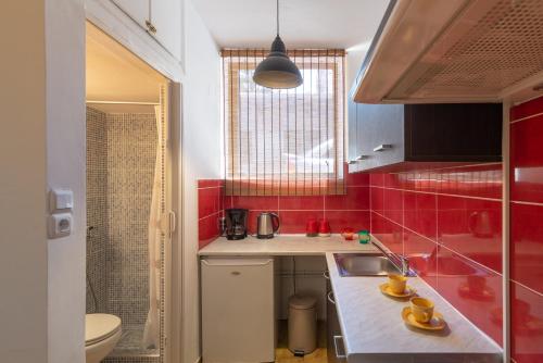 małą kuchnię ze zlewem i czerwonymi płytkami w obiekcie Cozy Studio near Downtown w Heraklionie