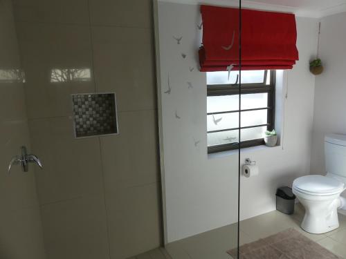 a bathroom with a shower with a toilet and a window at Rose and Ale Self Catering Units in Gonubie
