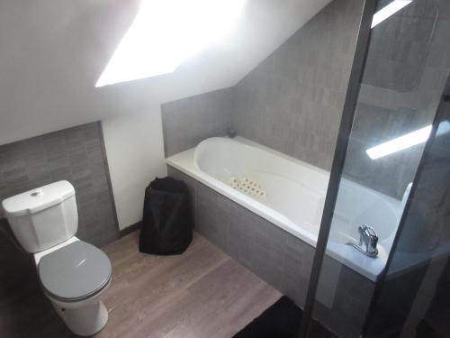 a bathroom with a toilet and a bath tub at La longère in Épineu-le-Chevreuil