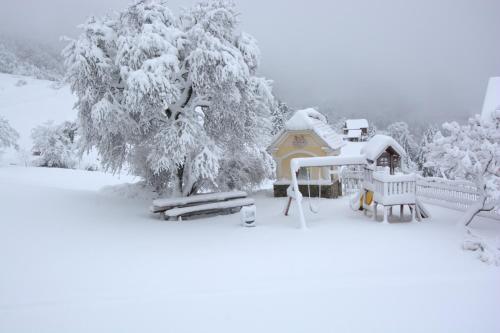a snow covered yard with a house and trees at Guesthouse Močivnik in Okroglice
