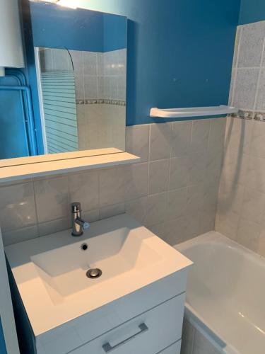 a bathroom with a white sink and a tub at 2 pièces avec jardin Fleur Marine bord de mer Cabourg in Cabourg