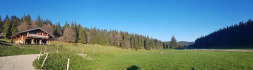 a building in a field next to a forest at Chez Liadet in Mouthe
