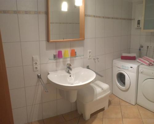 a bathroom with a sink and a washing machine at Ferienwohnung Wilde - Holzkamp in Itzehoe