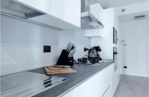 una cucina con pareti bianche e piano di lavoro di Le residenze dell'Adda a Cassano dʼAdda