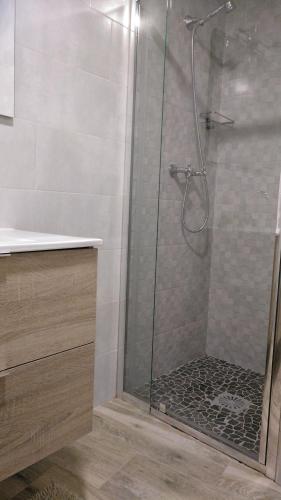 a bathroom with a shower with a glass door at La Casa del Corro in Villanueva de San Mancio