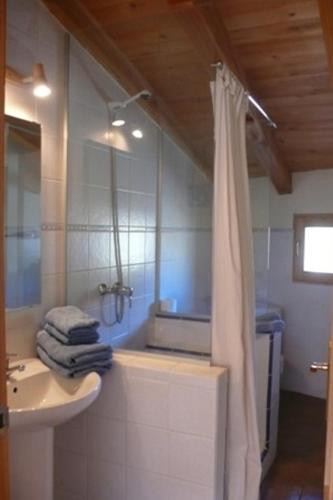 ein Bad mit einem Duschvorhang und einem Waschbecken in der Unterkunft Cal Tomàs in Ossera