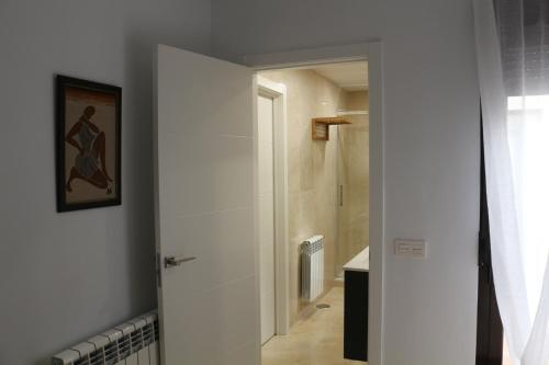 a bathroom with a walk in shower and a white door at Apartamento Roca Tarpeya 4 Parking incluido - Living Toledo in Toledo