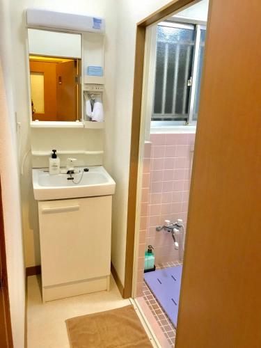 a small bathroom with a sink and a shower at 錦の館 NishikiのYakata in Tokyo