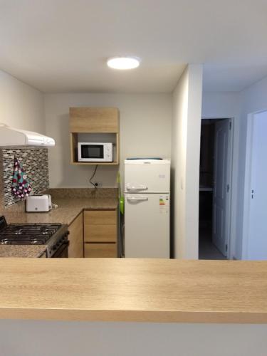 a kitchen with a white refrigerator and a microwave at MIKA in Puerto Madryn