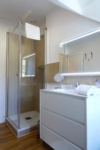 une salle de bain avec une douche, un lavabo et un miroir dans l'établissement Maison Eugénie, à Luchon