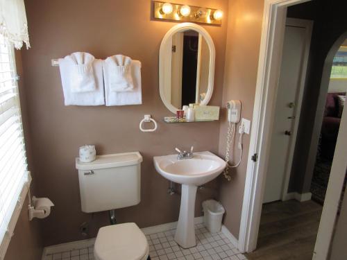 a bathroom with a toilet and a sink and a mirror at Captain Cook Inn in Lincoln City