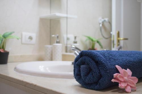 uma toalha azul num lavatório na casa de banho em Cozy Apartment with Garden em Palm-mar