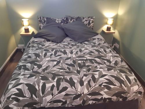 een bed in een slaapkamer met twee lampen aan beide zijden bij COSYLOC studios in Cergy