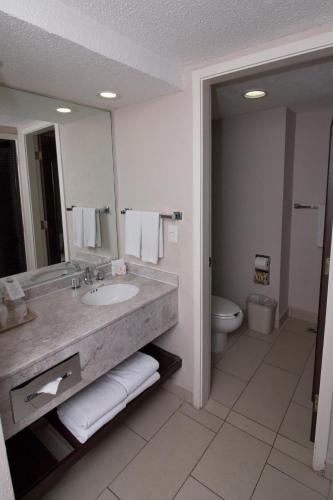 a bathroom with a sink and a toilet and a mirror at CHN Hotel Monterrey Norte, Trademark Collection by Wyndham in Monterrey