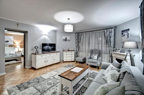 salon z kanapą i telewizorem w obiekcie Apartamenty Pod Baranami w Zakopanem