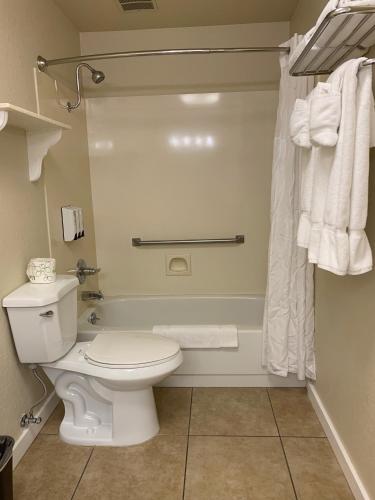 a bathroom with a toilet and a shower with towels at Stratford Inn in Ashland