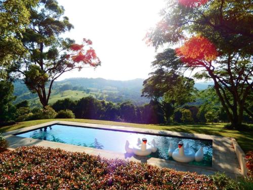 a swimming pool with three ducks sitting next to it at Luxury Tee Pee Byron Bay in Minynon