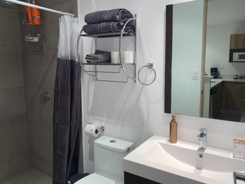 a bathroom with a sink and a toilet and a mirror at APARTAMENTO CON LA MEJOR VISTA DE SAN SALVADOR in San Salvador