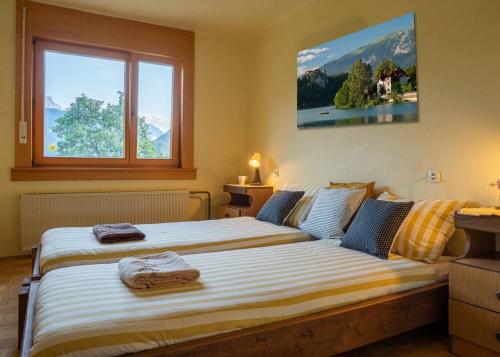 - une chambre avec 2 lits et une grande fenêtre dans l'établissement Alpeambient house Dovje, à Mojstrana