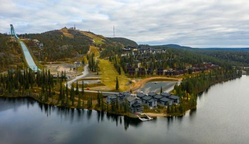 an aerial view of a resort on a lake at Hotel Rukatonttu in Ruka
