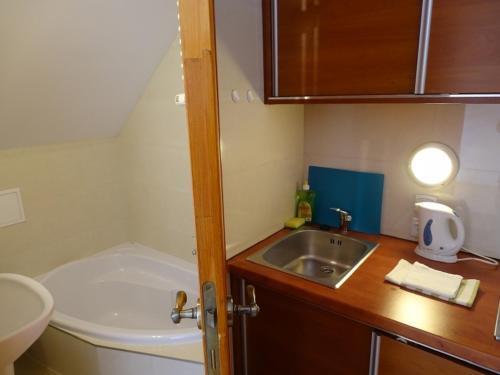 a small bathroom with a sink and a toilet at Noclegi "Marek i Karolina" in Cieszyn