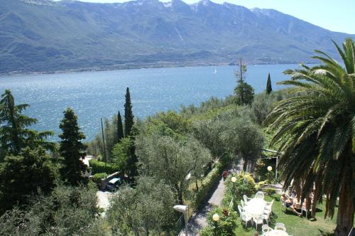 a view of a lake with palm trees and a mountain at Hotel Riviera Panoramic Green Resort in Limone sul Garda