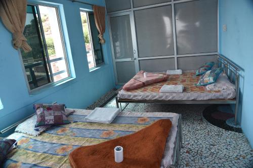 two beds in a room with blue walls and windows at Sunshine Guest House & Restaurant in Jodhpur