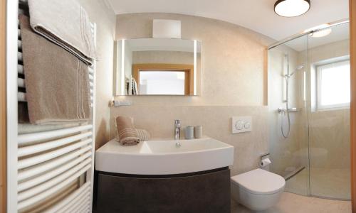 a bathroom with a sink and a toilet at Ferienwohnungen Familie Niedermoser Stefan in Sankt Jakob in Haus