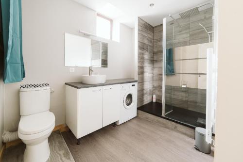 une salle de bain avec toilettes, lavabo et douche dans l'établissement T3 duplex design hypercentre Cathédrale Narbonne, à Narbonne