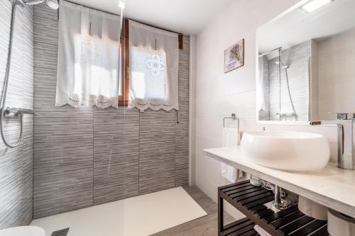a bathroom with a sink and a shower at Apartamento Pirineo Aragonés in Sabiñánigo
