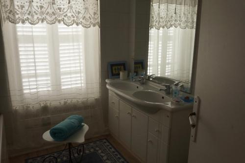 uma casa de banho com um lavatório e um espelho em La Gallina Bianca em Feucherolles