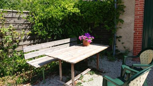 a wooden picnic table with a potted plant on it at domaine d'en Haut in Lochy