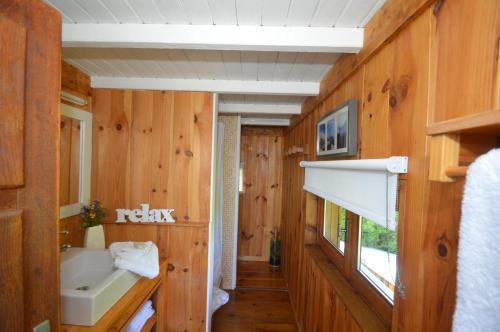 a bathroom with wooden walls and a sink and a mirror at Le Petit Chalet-Leard in Jarrier