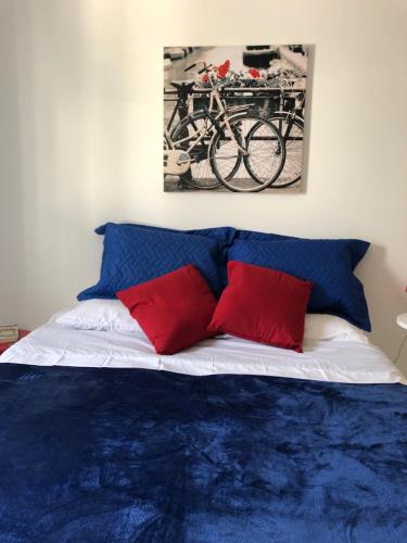 a bed with red and blue pillows on it at Hostel Borba Gato in Sao Paulo