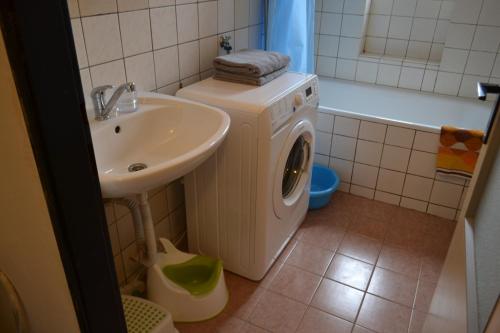 een badkamer met een wasmachine en een wastafel bij Apartment House Maestro Teplice in Teplice