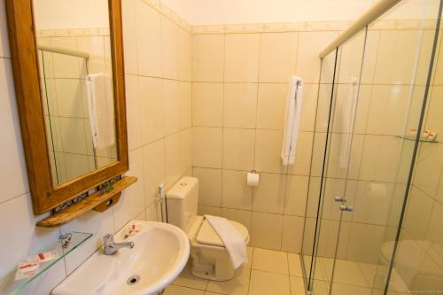 a bathroom with a toilet and a sink and a shower at Pousada da Trilha in Tiradentes