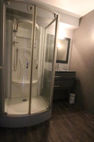 La salle de bains est pourvue d'une cabine de douche et d'un lavabo. dans l'établissement Colmar City Center - SCHNAPSALA Terrasse and Free Parking - BookingAlsace, à Colmar