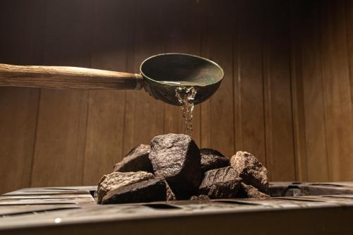 a spoon is pouring water into a pile of rocks at Belvedere Dolomites Flower Hotel in Moena